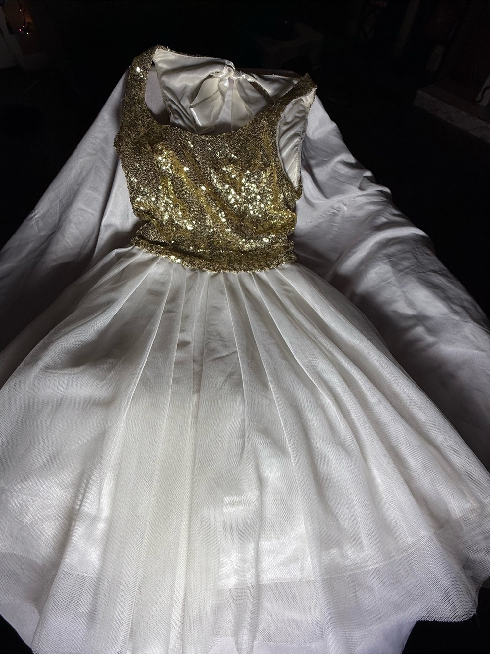 B Darlin Gold Sequin Bodice White Tulle Party Dress- 3/4